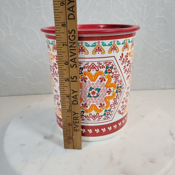 VINTGE Tupperware One Touch Canister Red Lidded Orange Rosemaling Tole Red 90s - Picture 14 of 14